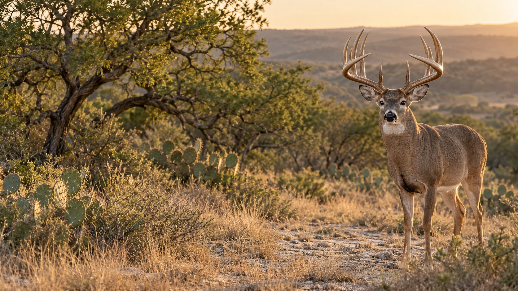 Mature trophy whitetail in golden-hour mesquite and prickly pear cactus brush country