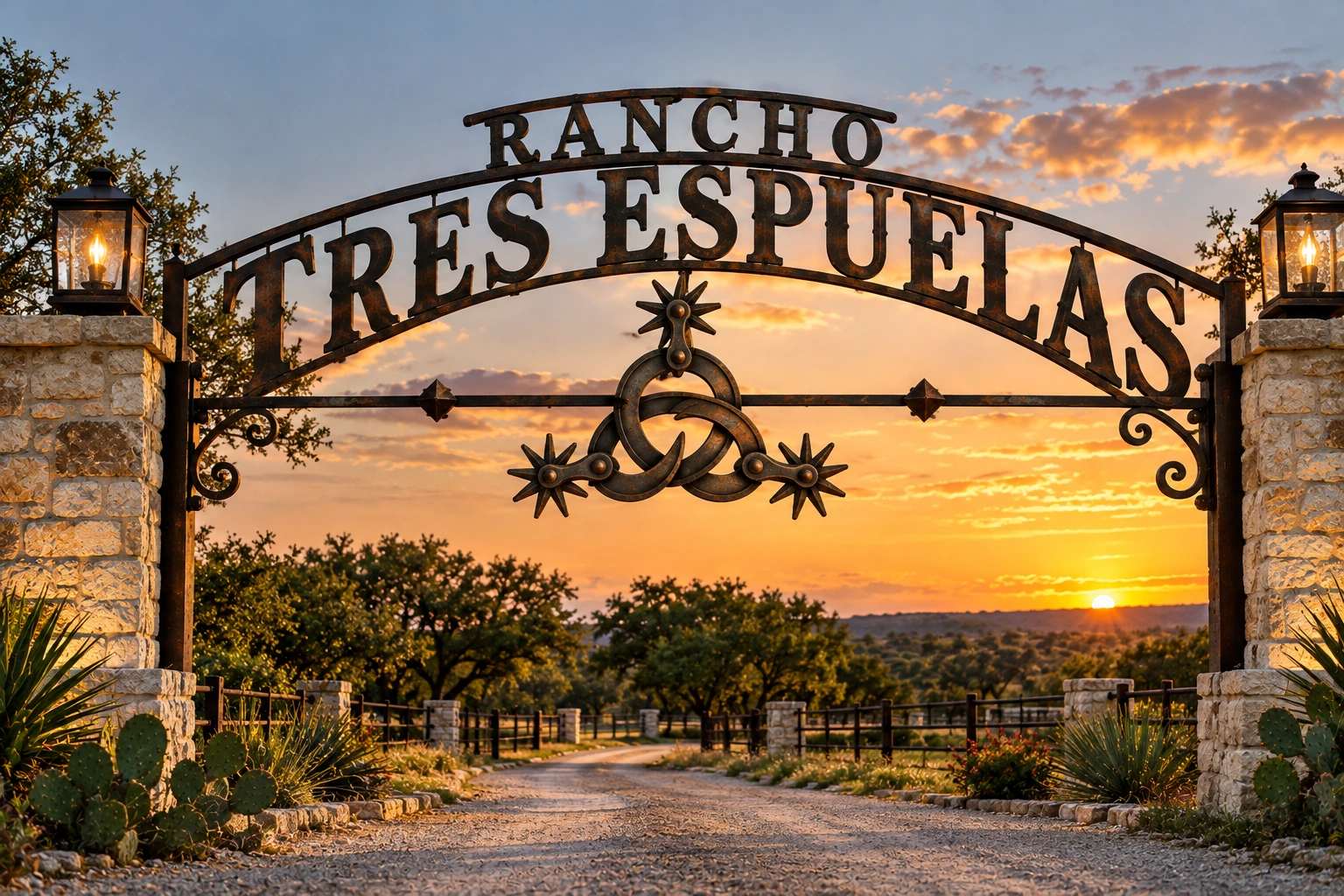 Sunset at the limestone and wrought-iron entrance to Rancho Tres Espuelas