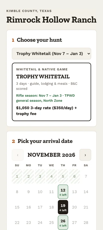 Mainbeam Booking on a phone: a hunter picks a Trophy Whitetail hunt at Rimrock Hollow Ranch and chooses an arrival date with spots left