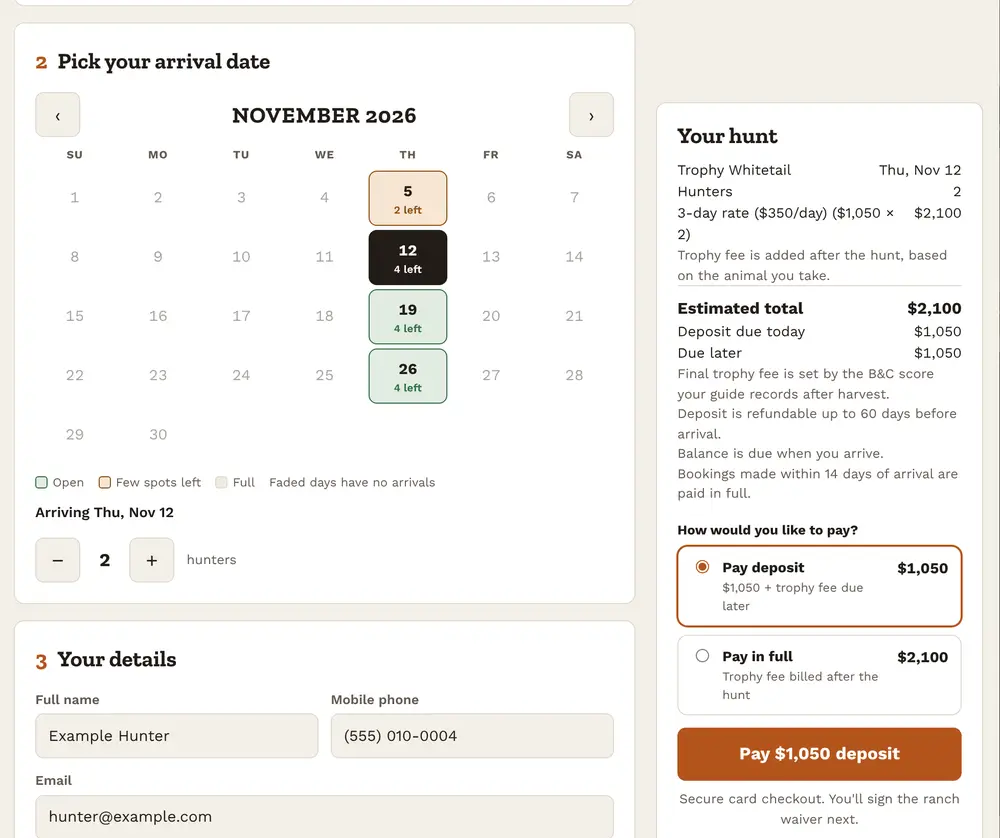 Booking window with a calendar of open arrival dates and a summary showing the deposit due today