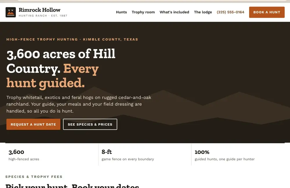 A sample ranch website with a Book a Hunt button in the top menu