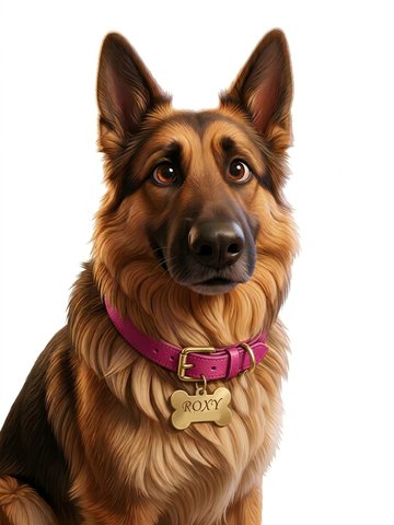 Roxy, a German shepherd with a pink collar