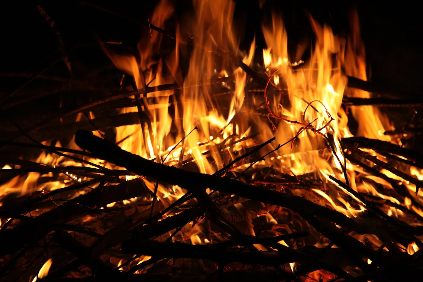 Mesquite campfire burning bright at night