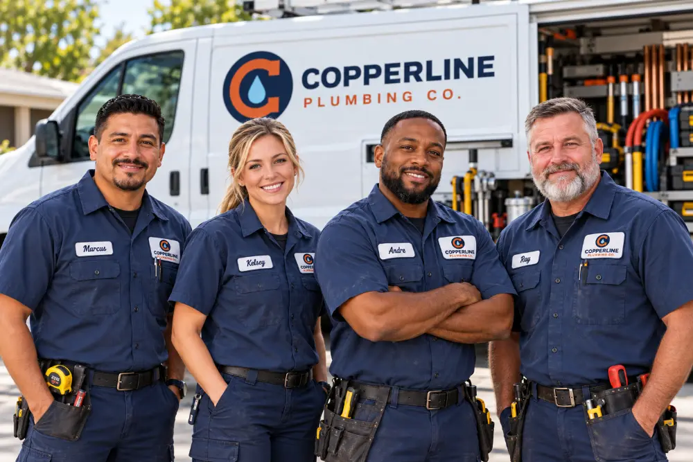 Illustrated plumbing crew and trucks for the fictional Copperline Plumbing website