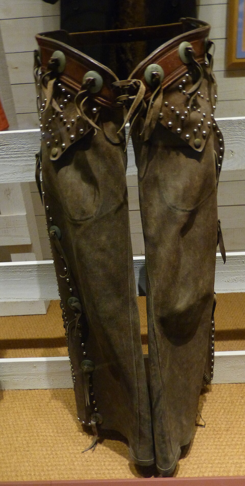 Brown leather batwing chaps with silver conchos in a museum case