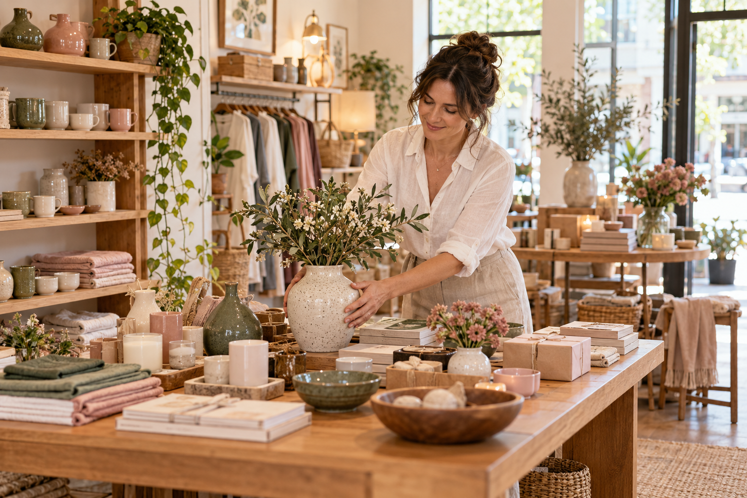 AI-generated boutique owner arranging ceramics and gifts in a warm shop