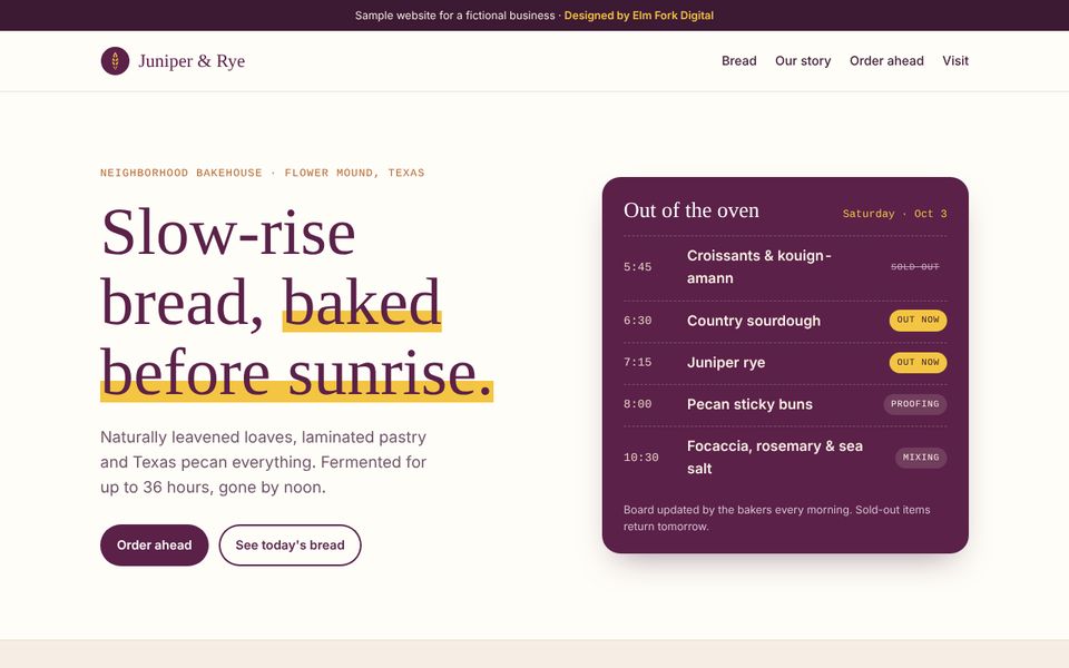 Preview of the Juniper & Rye Bakehouse design sample